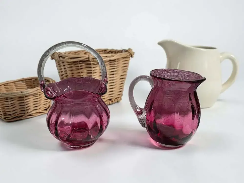 Vntg Pilgrim Art Glass Cranberry Ribbed Basket & Pitcher Set with Clear Handles